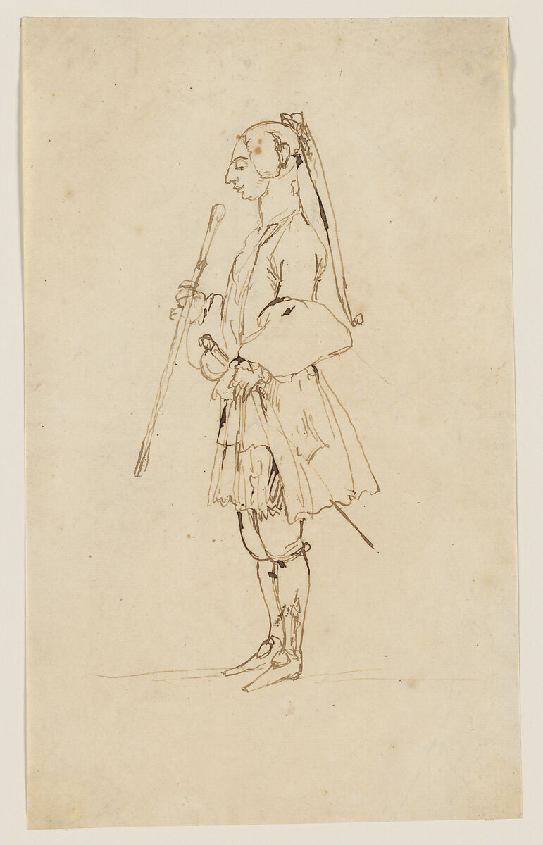 Man with a Long Pigtail and a Stick, Standing in Profile to the Left, Anton Maria Zanetti the Elder (Italian, Venice 1680–1767 Venice), Pen and brown ink 
