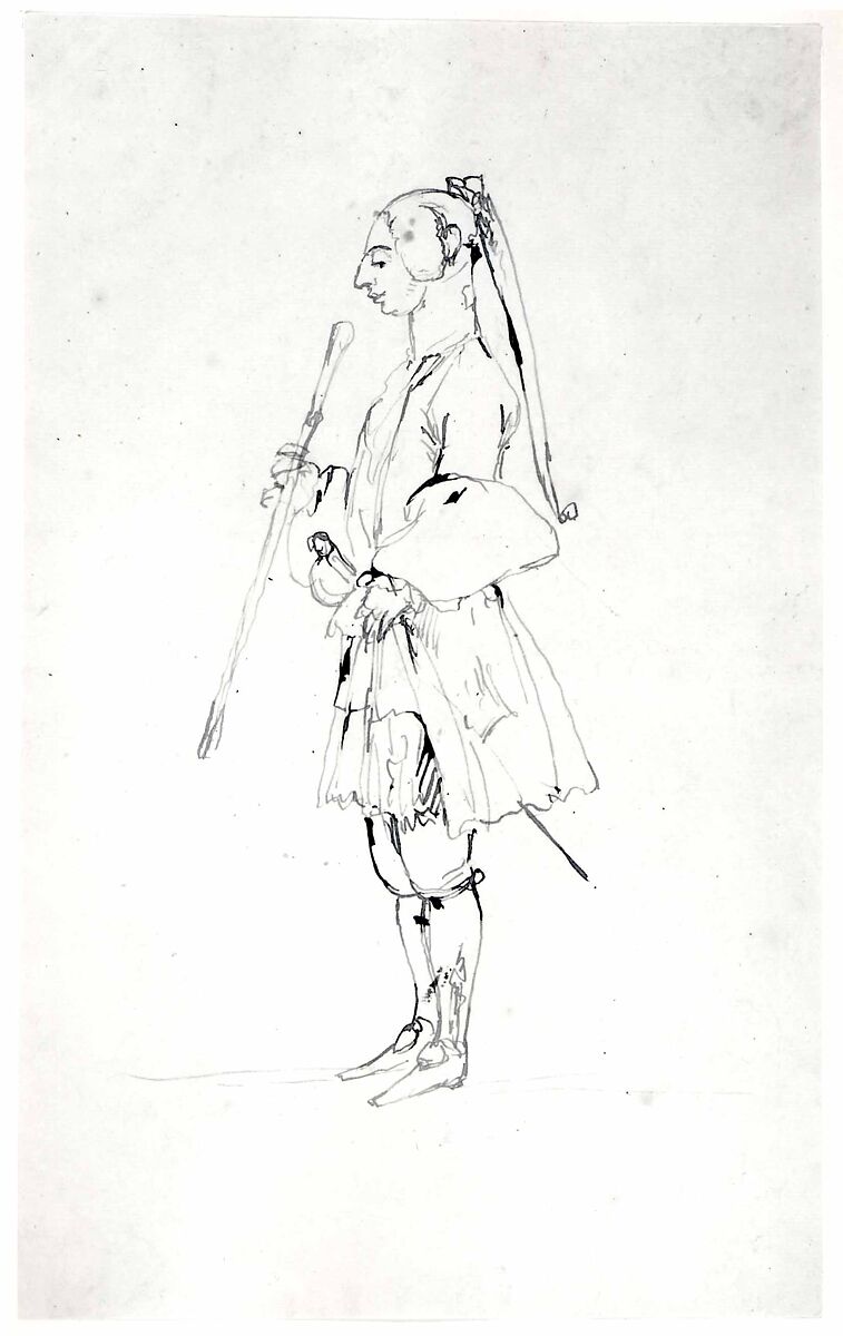 Man with a Long Pigtail and a Stick, Standing in Profile to the Left, Anton Maria Zanetti the Elder (Italian, Venice 1680–1767 Venice), Pen and brown ink