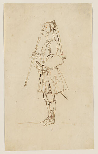 Man with a Long Pigtail and a Stick, Standing in Profile to the Left