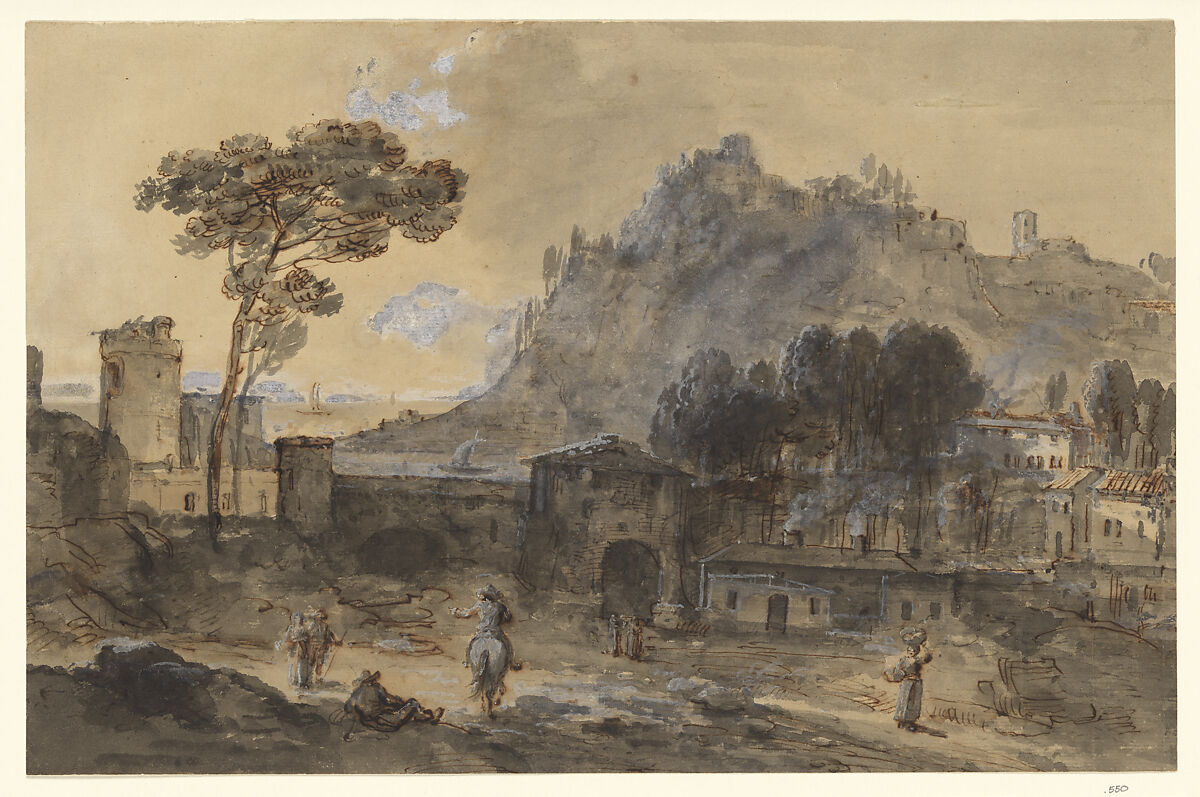Classical Landscape: A Town and a Mountain by the Coast, Francesco Zuccarelli (Italian, Pitigliano 1702–1788 Florence), Pen and brown ink, gray wash, with white heightening (partly oxidized) 