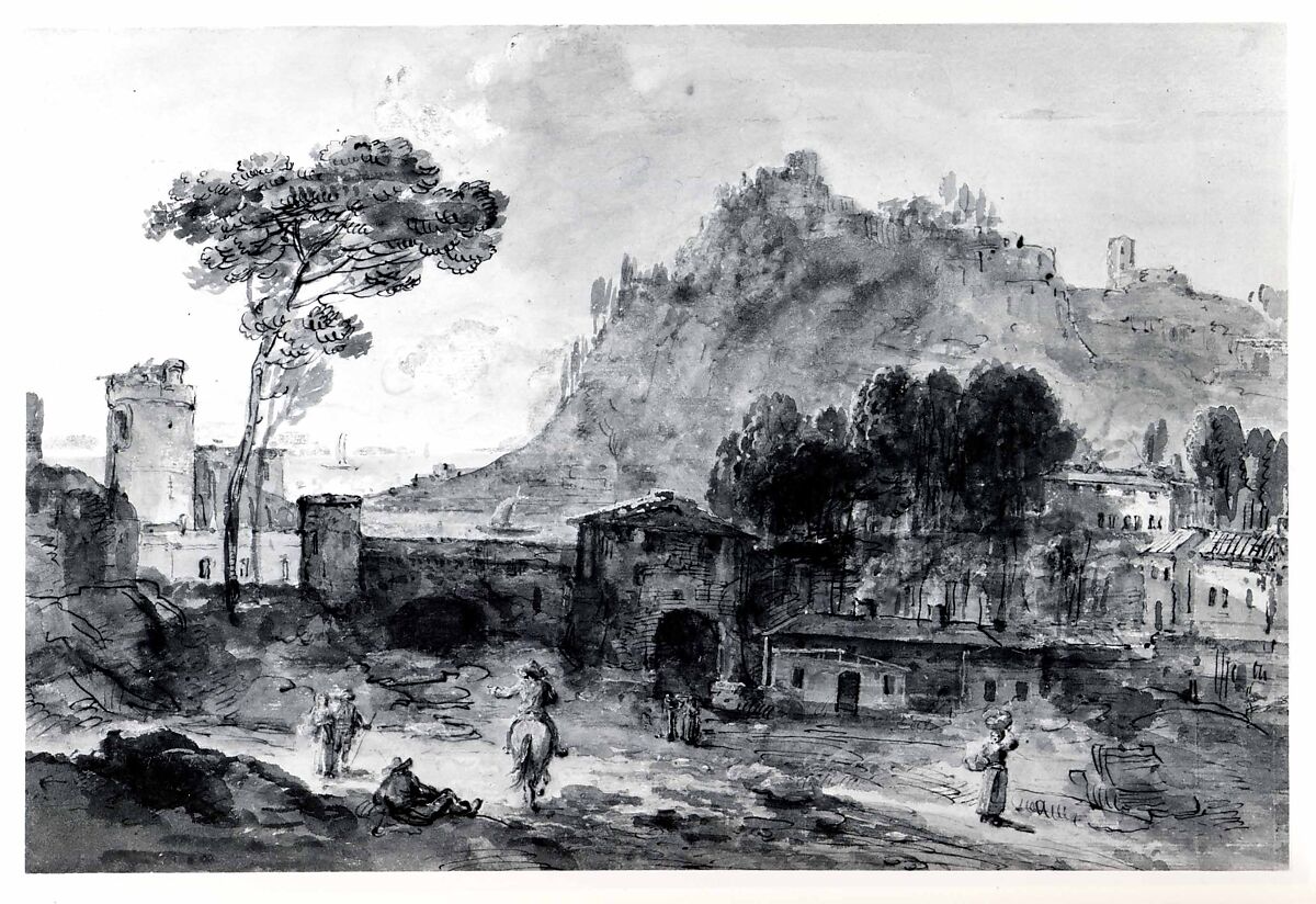 Classical Landscape: A Town and a Mountain by the Coast, Francesco Zuccarelli (Italian, Pitigliano 1702–1788 Florence), Pen and brown ink, gray wash, with white heightening (partly oxidized)