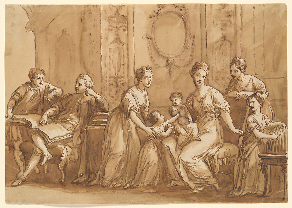 An English Family Group, Antonio Zucchi (Italian, Venice 1726–1796 Rome), Pen and brown ink, brown wash 