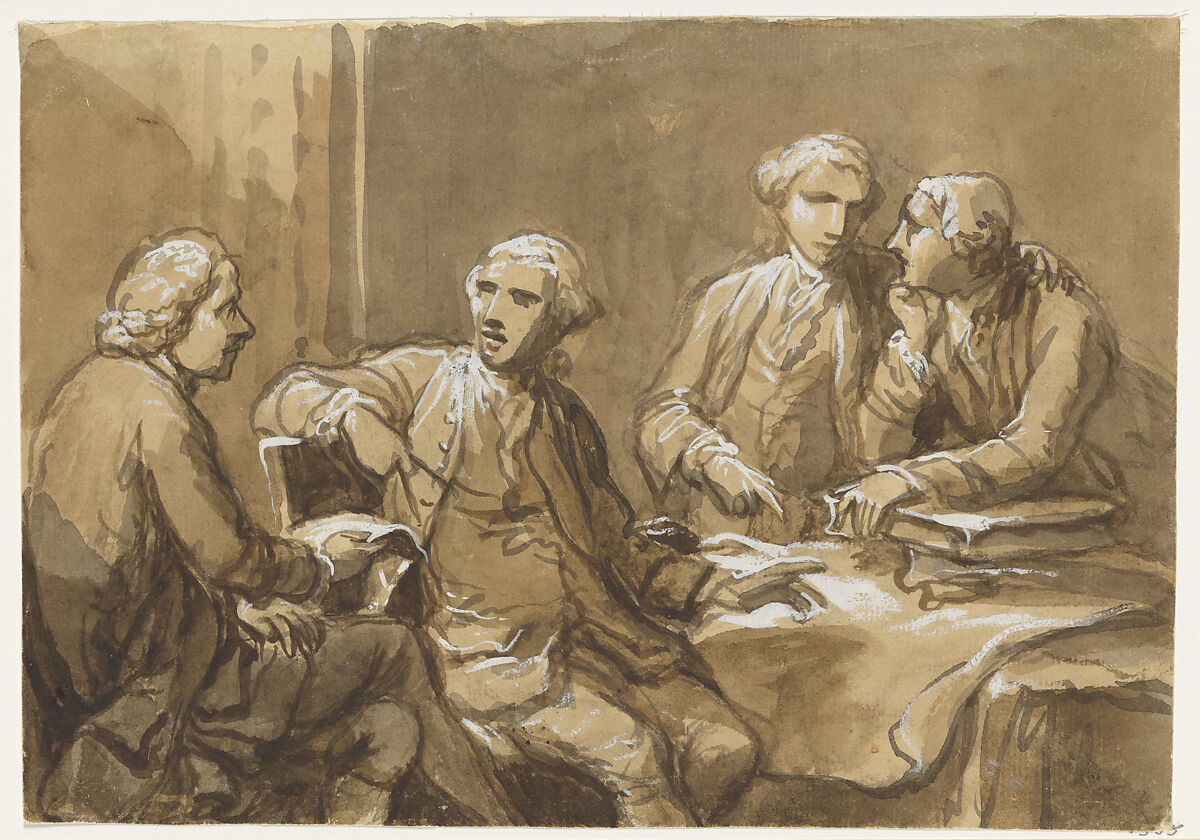 Four Connoisseurs Seated at a Table, Antonio Zucchi (Italian, Venice 1726–1796 Rome), Pen and brown ink, brown wash, with white heightening 