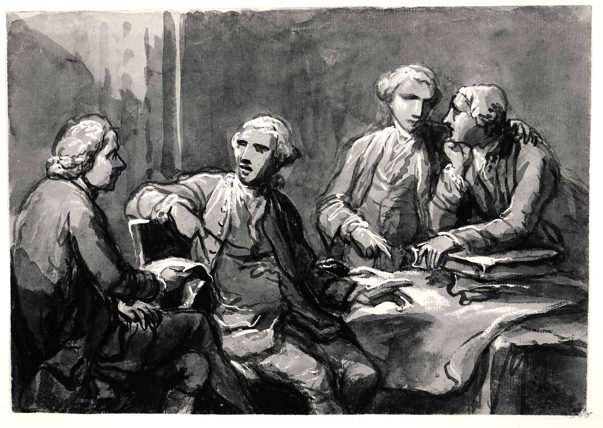Four Connoisseurs Seated at a Table, Antonio Zucchi (Italian, Venice 1726–1796 Rome), Pen and brown ink, brown wash, with white heightening