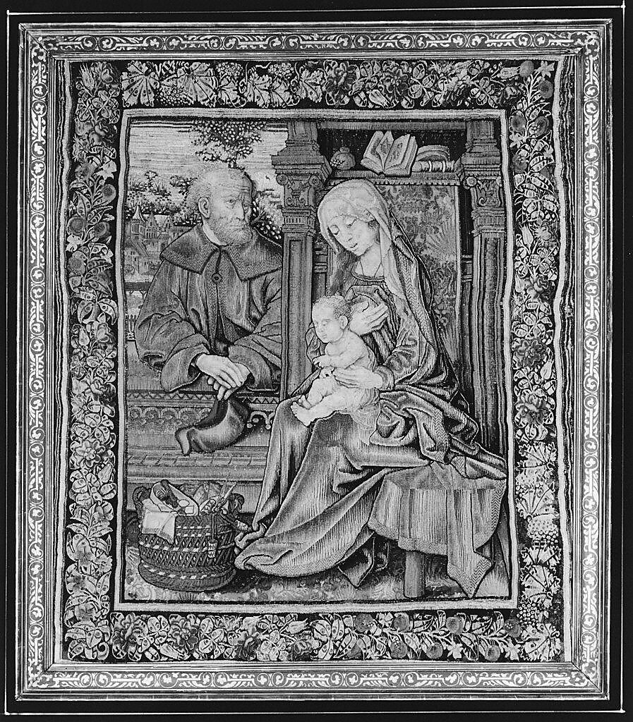 The Holy Family, Wool, silk, and gilt- and silvered-metal-strip-wrapped silk in slit, dovetailed, and interlocking tapestry weave with supplementary brocading wefts (in sewing basket, Joseph's coat, and hem of Mary's cloak), Flemish, Southern Netherlands