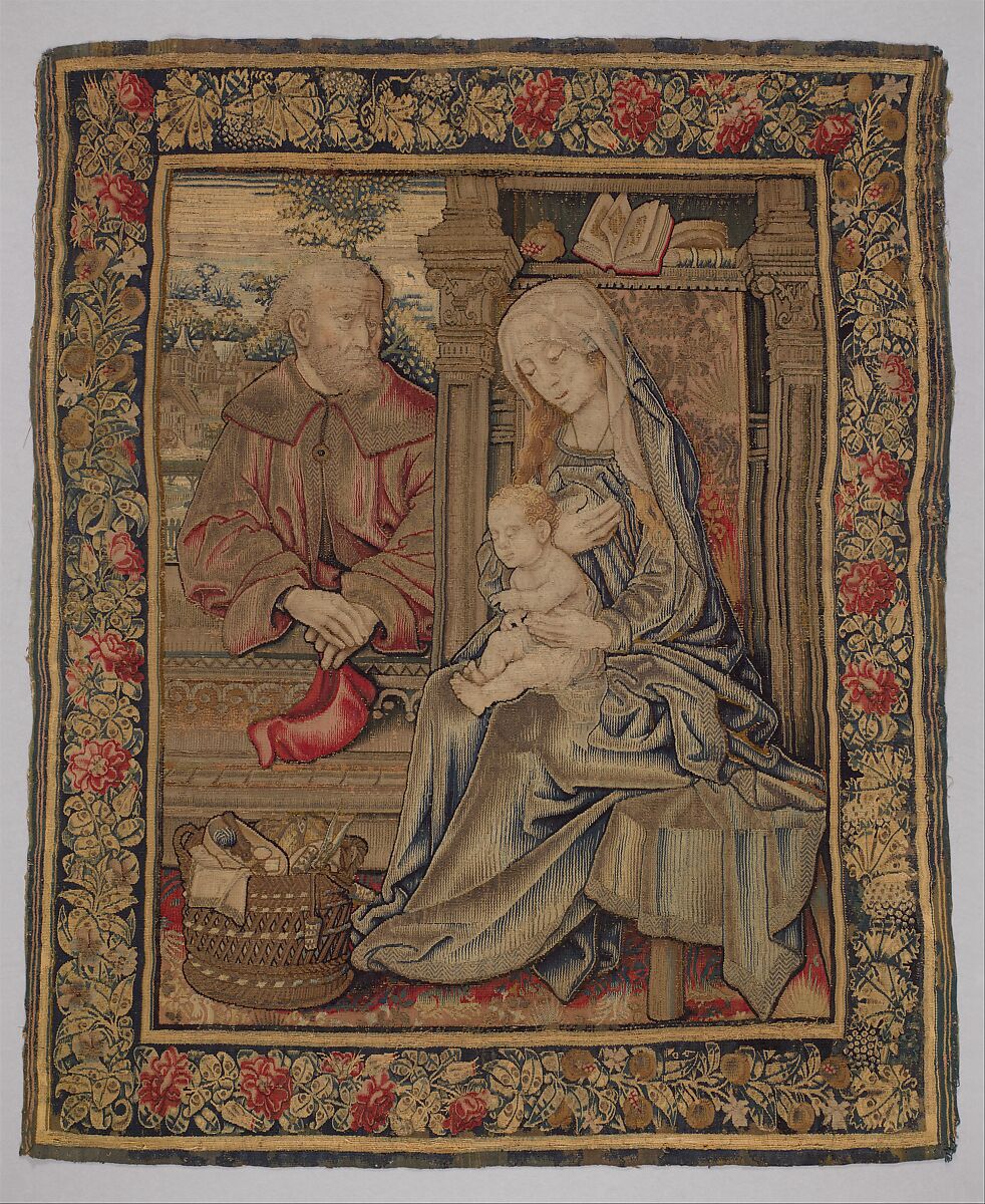 The Holy Family, Wool, silk, and gilt- and silvered-metal-strip-wrapped silk in slit, dovetailed, and interlocking tapestry weave with supplementary brocading wefts (in sewing basket, Joseph's coat, and hem of Mary's cloak), Flemish, Southern Netherlands 