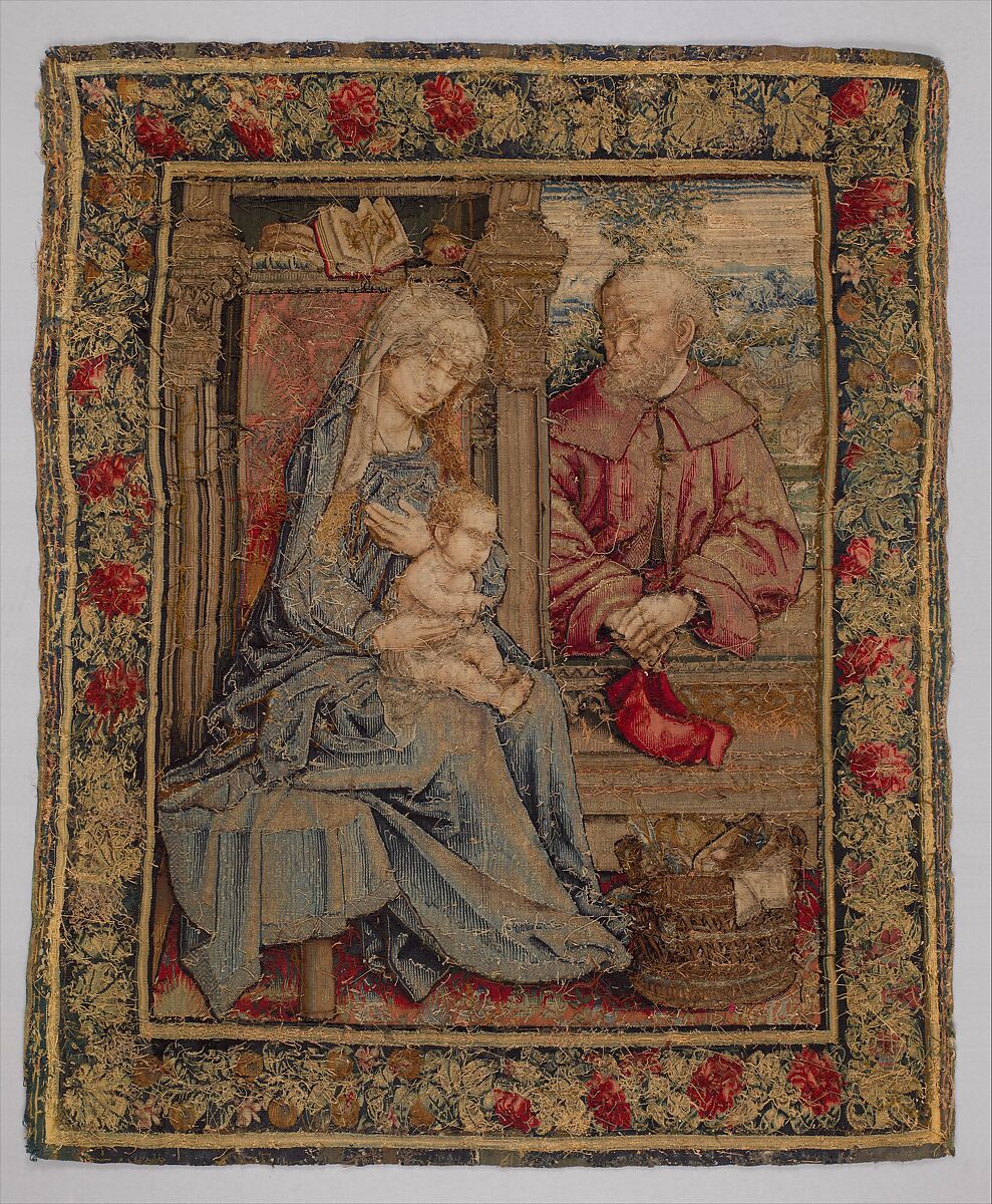 The Holy Family, Wool, silk, and gilt- and silvered-metal-strip-wrapped silk in slit, dovetailed, and interlocking tapestry weave with supplementary brocading wefts (in sewing basket, Joseph's coat, and hem of Mary's cloak), Flemish, Southern Netherlands