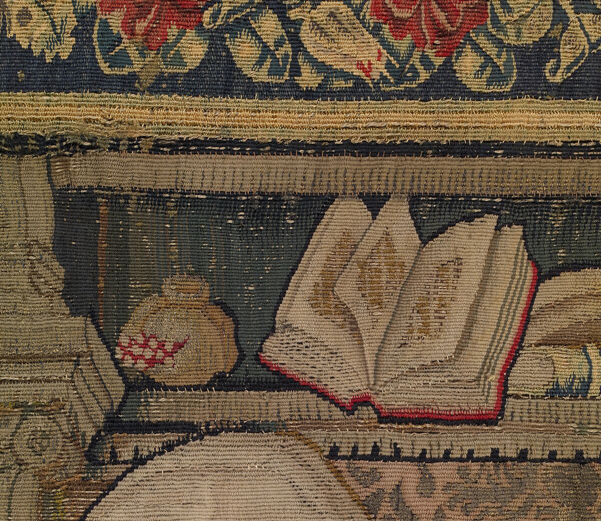 The Holy Family, Wool, silk, and gilt- and silvered-metal-strip-wrapped silk in slit, dovetailed, and interlocking tapestry weave with supplementary brocading wefts (in sewing basket, Joseph's coat, and hem of Mary's cloak), Flemish, Southern Netherlands