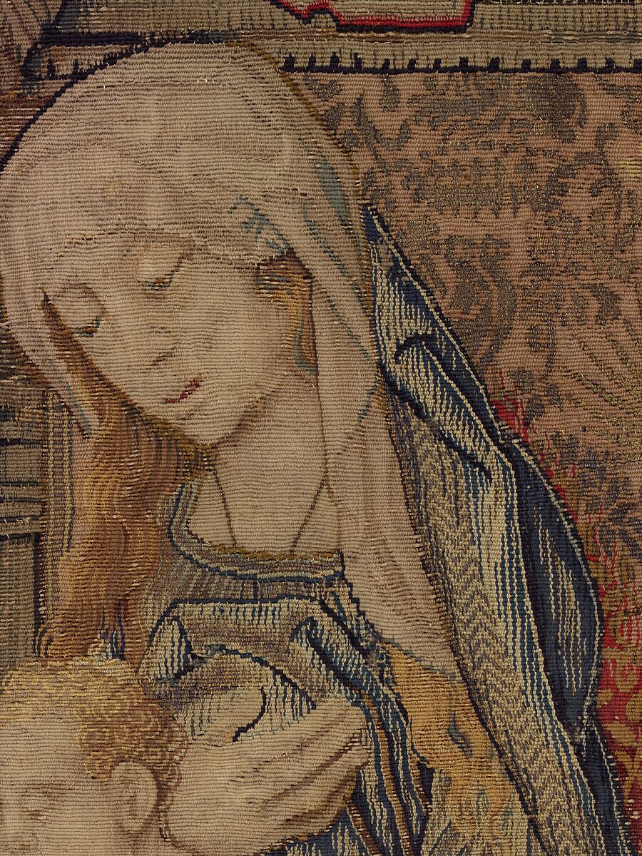 The Holy Family, Wool, silk, and gilt- and silvered-metal-strip-wrapped silk in slit, dovetailed, and interlocking tapestry weave with supplementary brocading wefts (in sewing basket, Joseph's coat, and hem of Mary's cloak), Flemish, Southern Netherlands