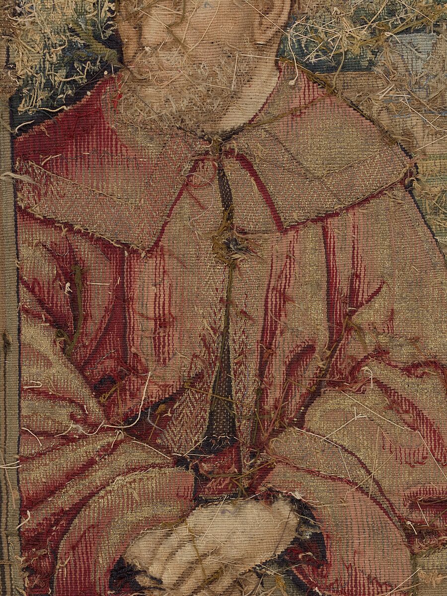 The Holy Family, Wool, silk, and gilt- and silvered-metal-strip-wrapped silk in slit, dovetailed, and interlocking tapestry weave with supplementary brocading wefts (in sewing basket, Joseph's coat, and hem of Mary's cloak), Flemish, Southern Netherlands