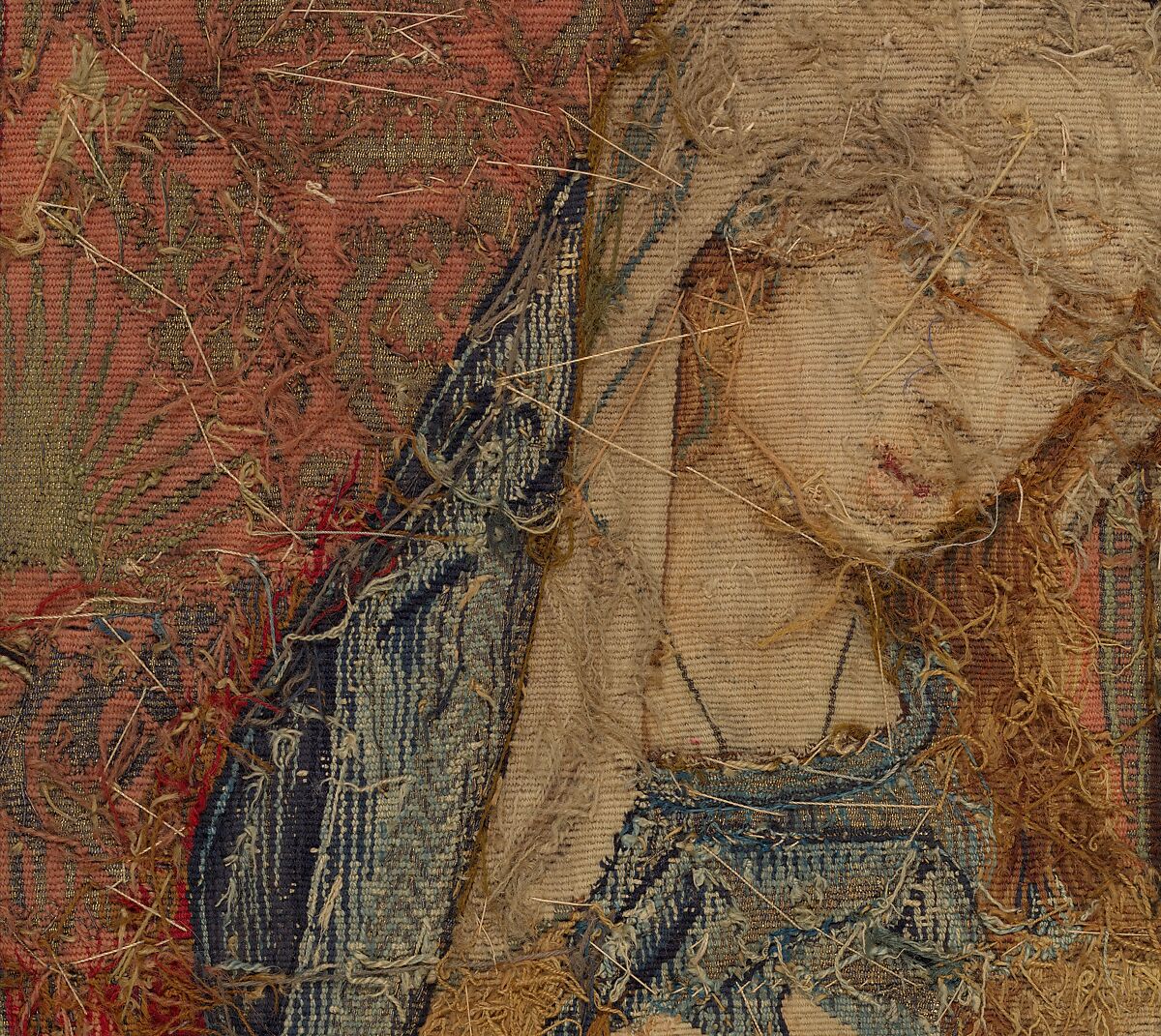 The Holy Family, Wool, silk, and gilt- and silvered-metal-strip-wrapped silk in slit, dovetailed, and interlocking tapestry weave with supplementary brocading wefts (in sewing basket, Joseph's coat, and hem of Mary's cloak), Flemish, Southern Netherlands