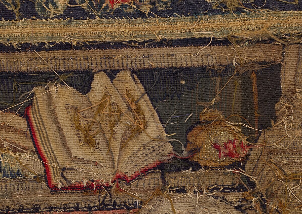 The Holy Family, Wool, silk, and gilt- and silvered-metal-strip-wrapped silk in slit, dovetailed, and interlocking tapestry weave with supplementary brocading wefts (in sewing basket, Joseph's coat, and hem of Mary's cloak), Flemish, Southern Netherlands