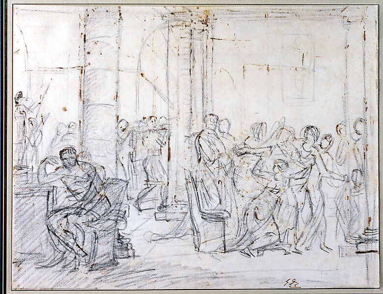 Study for The Lictors Bringing Brutus the Bodies of his Sons, Jacques Louis David (French, Paris 1748–1825 Brussels), Black chalk and brown ink on paper