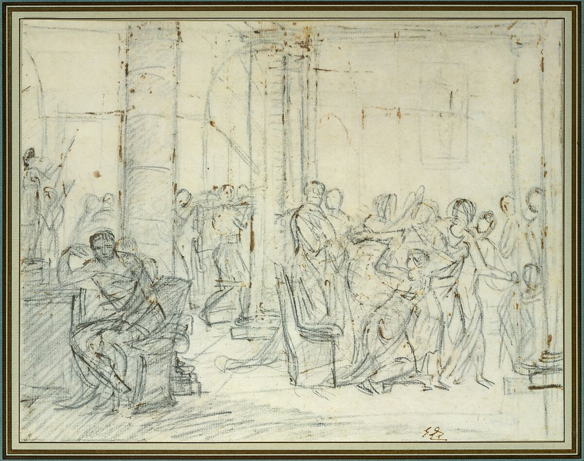 Study for The Lictors Bringing Brutus the Bodies of his Sons, Jacques Louis David (French, Paris 1748–1825 Brussels), Black chalk and brown ink on paper