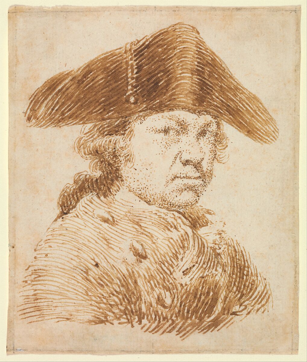 Self-Portrait in a Cocked Hat, Goya (Francisco de Goya y Lucientes) (Spanish, Fuendetodos 1746–1828 Bordeaux), Pen and brown (iron gall?) ink on paper 