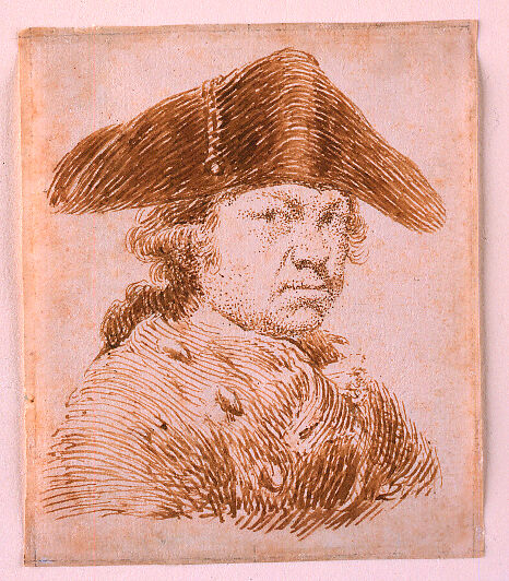 Self-Portrait in a Cocked Hat, Goya (Francisco de Goya y Lucientes) (Spanish, Fuendetodos 1746–1828 Bordeaux), Pen and brown (iron gall?) ink on paper