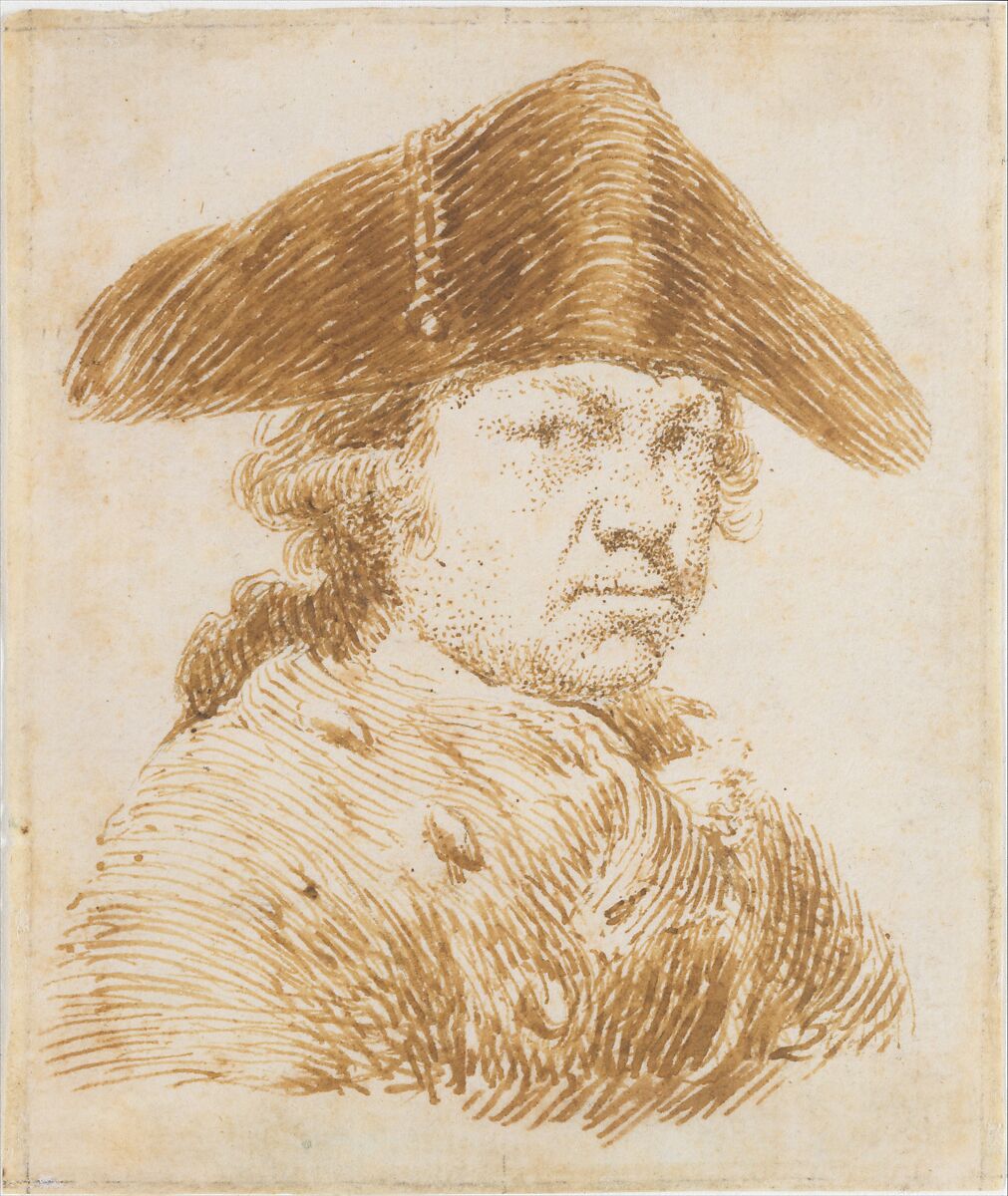 Self-Portrait in a Cocked Hat, Goya (Francisco de Goya y Lucientes) (Spanish, Fuendetodos 1746–1828 Bordeaux), Pen and brown (iron gall?) ink on paper