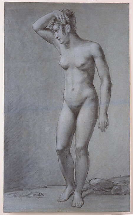 Study for Cupid and Psyche, Assistant or Pupil of Pierre Paul Prud&#39;hon (French, Cluny 1758–1823 Paris), Black and white chalk with some charcoal on papier bleuté (woven) 