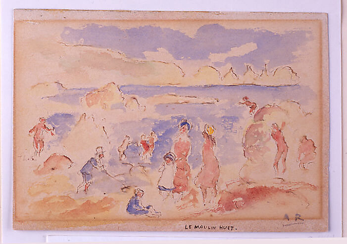 Beach Scene, Auguste Renoir (French, Limoges 1841–1919 Cagnes-sur-Mer), Pen and brown ink with watercolor wash on buff paper, darkened