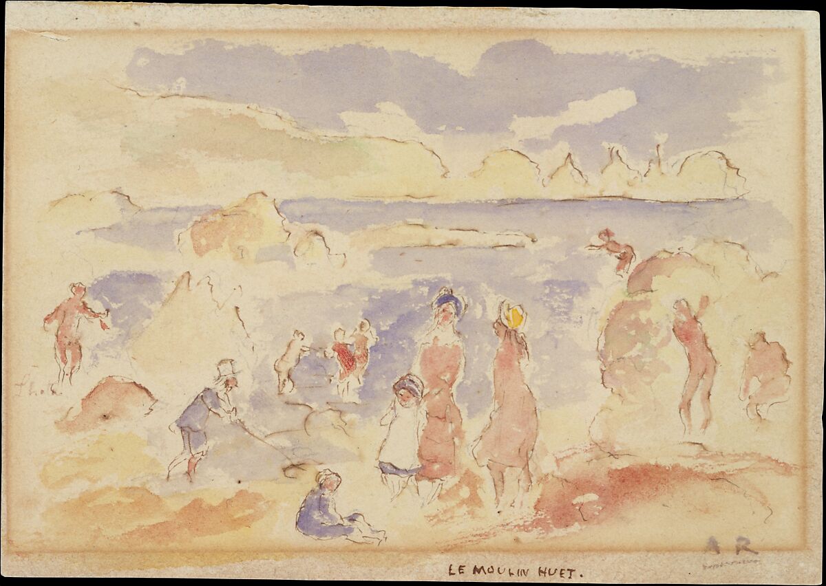 Beach Scene, Auguste Renoir (French, Limoges 1841–1919 Cagnes-sur-Mer), Pen and brown ink with watercolor wash on buff paper, darkened 