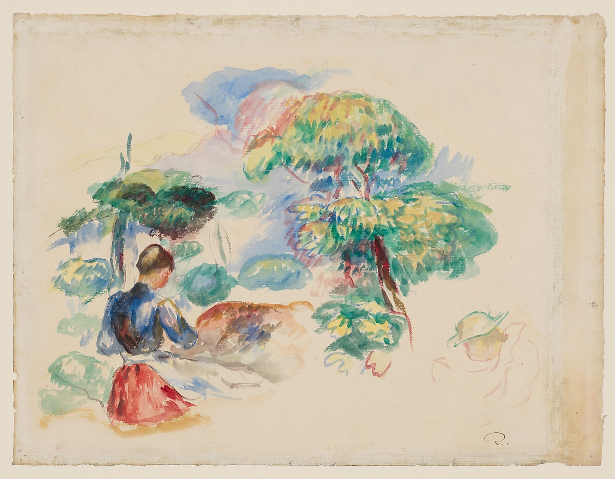 Landscape with a Girl, Auguste Renoir (French, Limoges 1841–1919 Cagnes-sur-Mer), Watercolor with traces of graphite on off-white laid paper with edges darkened from acid mat 
