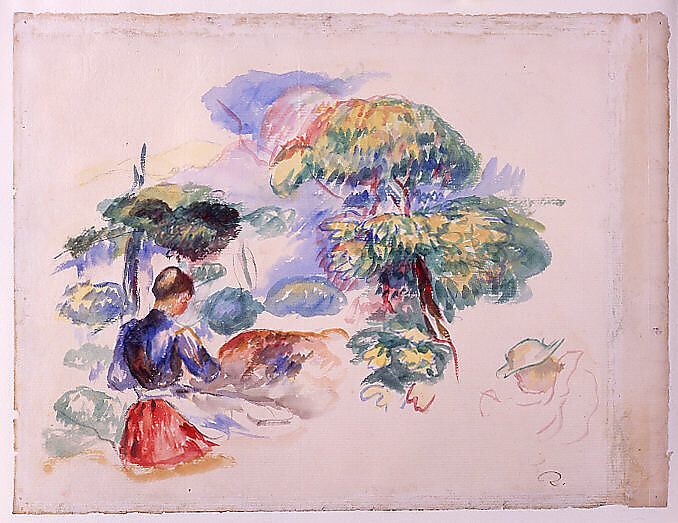 Landscape with a Girl, Auguste Renoir (French, Limoges 1841–1919 Cagnes-sur-Mer), Watercolor with traces of graphite on off-white laid paper with edges darkened from acid mat