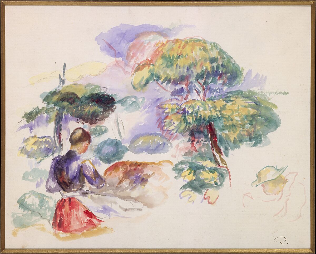 Landscape with a Girl, Auguste Renoir (French, Limoges 1841–1919 Cagnes-sur-Mer), Watercolor with traces of graphite on off-white laid paper with edges darkened from acid mat