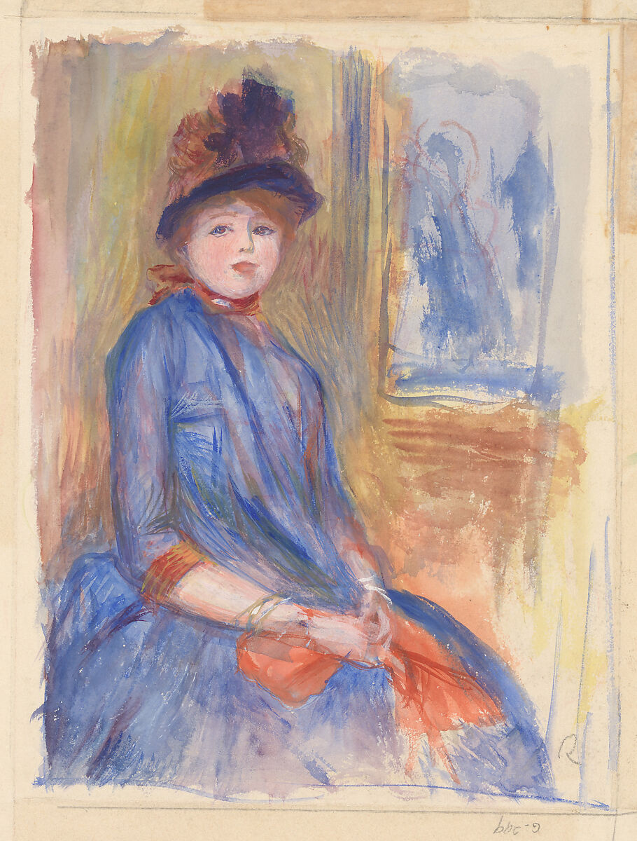 Young Girl in a Blue Dress, Auguste Renoir (French, Limoges 1841–1919 Cagnes-sur-Mer), Watercolor with gouache highlights on thick cream wove paper 