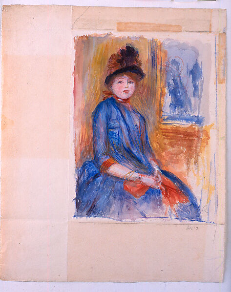 Young Girl in a Blue Dress, Auguste Renoir (French, Limoges 1841–1919 Cagnes-sur-Mer), Watercolor with gouache highlights on thick cream wove paper