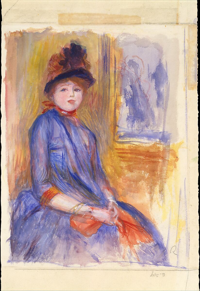 Young Girl in a Blue Dress, Auguste Renoir (French, Limoges 1841–1919 Cagnes-sur-Mer), Watercolor with gouache highlights on thick cream wove paper