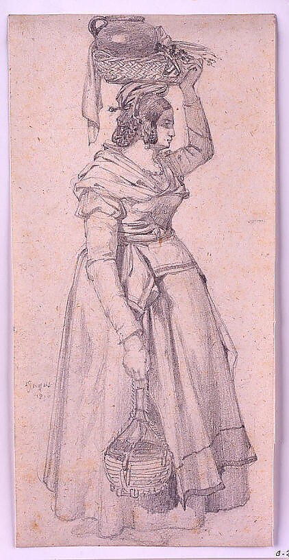 Italian Peasant Woman with Basket on her Head, Northern European Artist Working in Italy, Graphite on buff wove paper with blue fibers