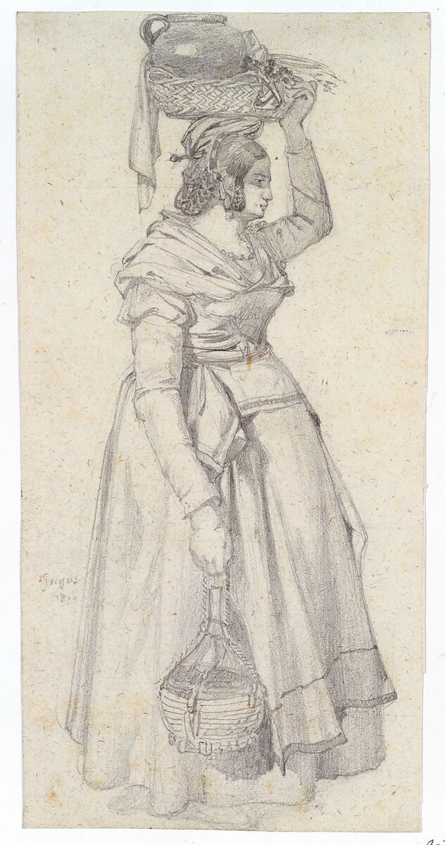 Italian Peasant Woman with Basket on her Head, Northern European Artist Working in Italy, Graphite on buff wove paper with blue fibers 