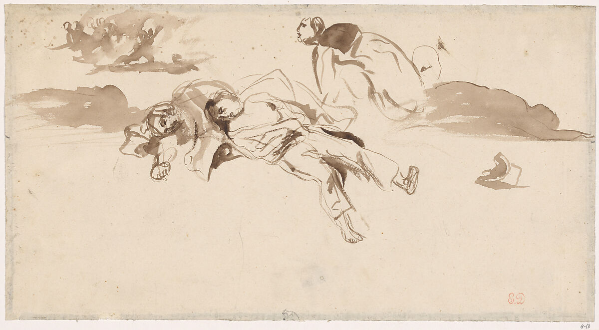 Study of Bodies "Liberty Leading the People", Eugène Delacroix (French, Charenton-Saint-Maurice 1798–1863 Paris), Point of brush and brown ink on off-white woven paper 