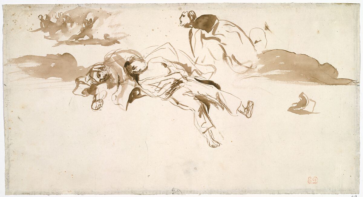 Study of Bodies "Liberty Leading the People", Eugène Delacroix (French, Charenton-Saint-Maurice 1798–1863 Paris), Point of brush and brown ink on off-white woven paper