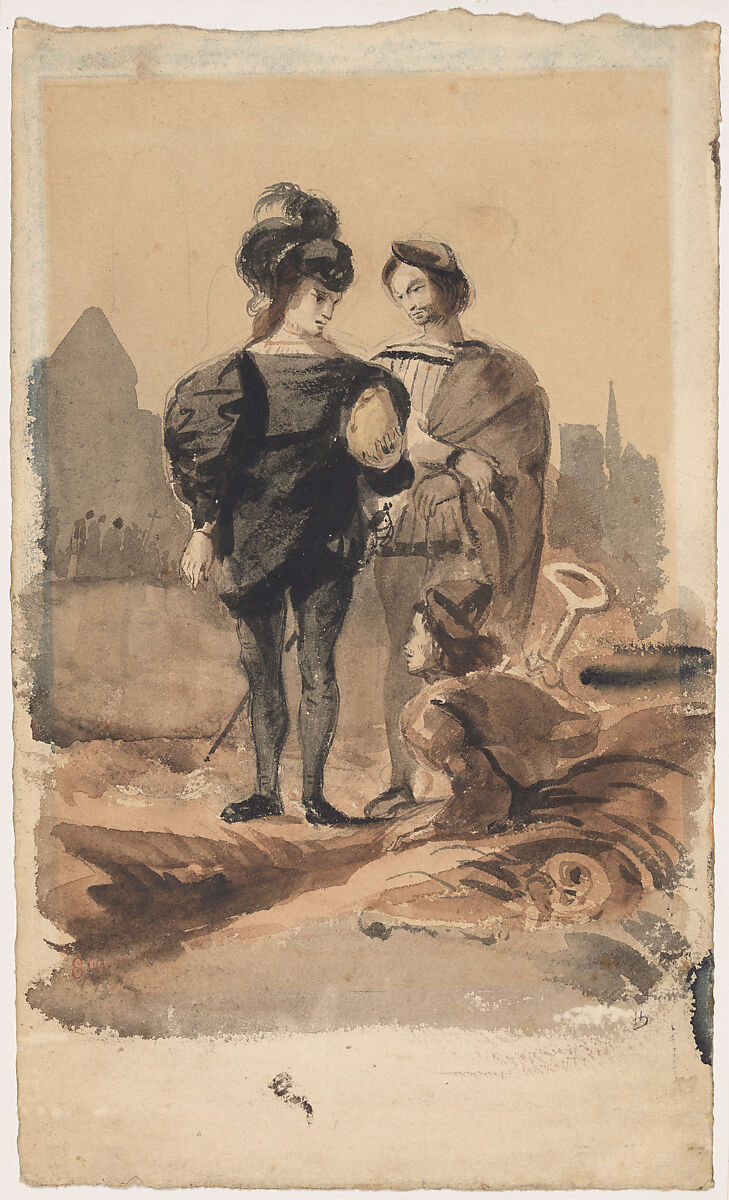 Hamlet and Horatio in the Graveyard, Eugène Delacroix (French, Charenton-Saint-Maurice 1798–1863 Paris), Brush and brown wash with watercolor over graphite on heavy watercolor paper 