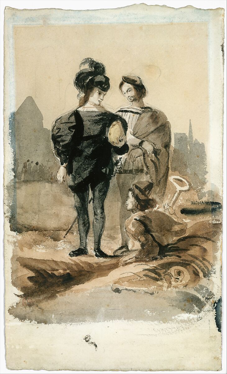 Hamlet and Horatio in the Graveyard, Eugène Delacroix (French, Charenton-Saint-Maurice 1798–1863 Paris), Brush and brown wash with watercolor over graphite on heavy watercolor paper