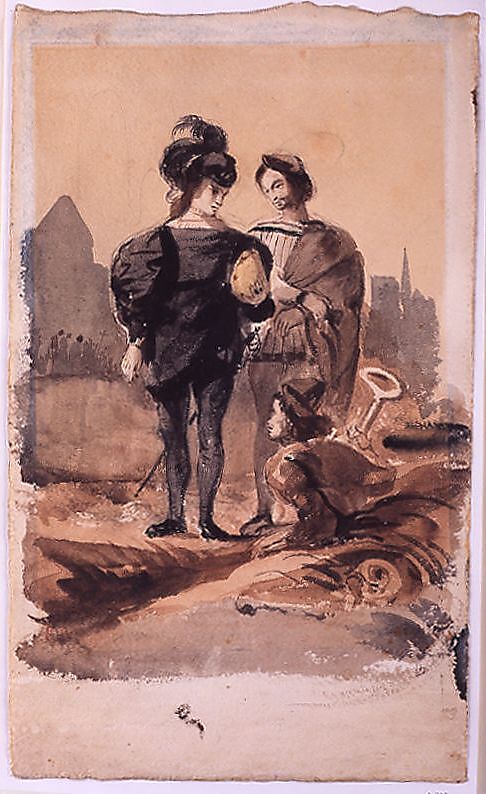 Hamlet and Horatio in the Graveyard, Eugène Delacroix (French, Charenton-Saint-Maurice 1798–1863 Paris), Brush and brown wash with watercolor over graphite on heavy watercolor paper