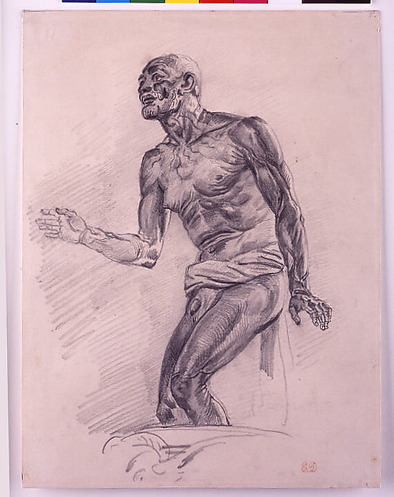 Study of a Male Nude Study for "The Death of Seneca", Eugène Delacroix (French, Charenton-Saint-Maurice 1798–1863 Paris), Graphite on buff Bristol board