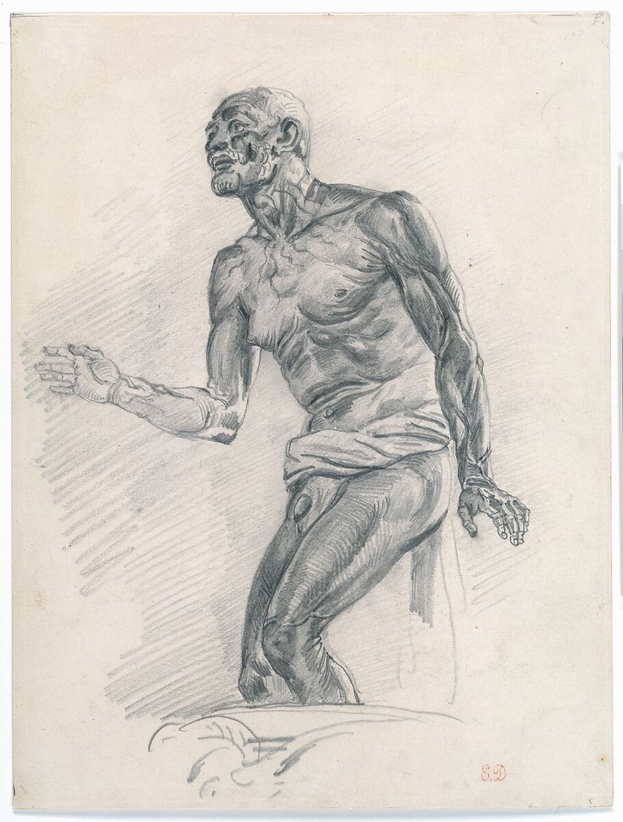 Study of a Male Nude Study for "The Death of Seneca", Eugène Delacroix (French, Charenton-Saint-Maurice 1798–1863 Paris), Graphite on buff Bristol board 