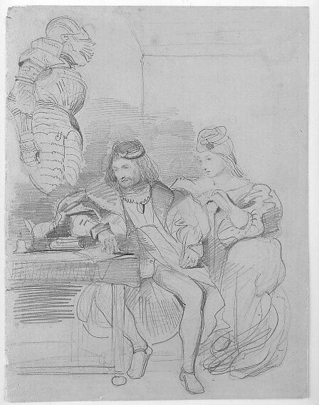 Götz von Berlichingen Writing His Memoirs, Eugène Delacroix (French, Charenton-Saint-Maurice 1798–1863 Paris), Graphite on beige wove paper 