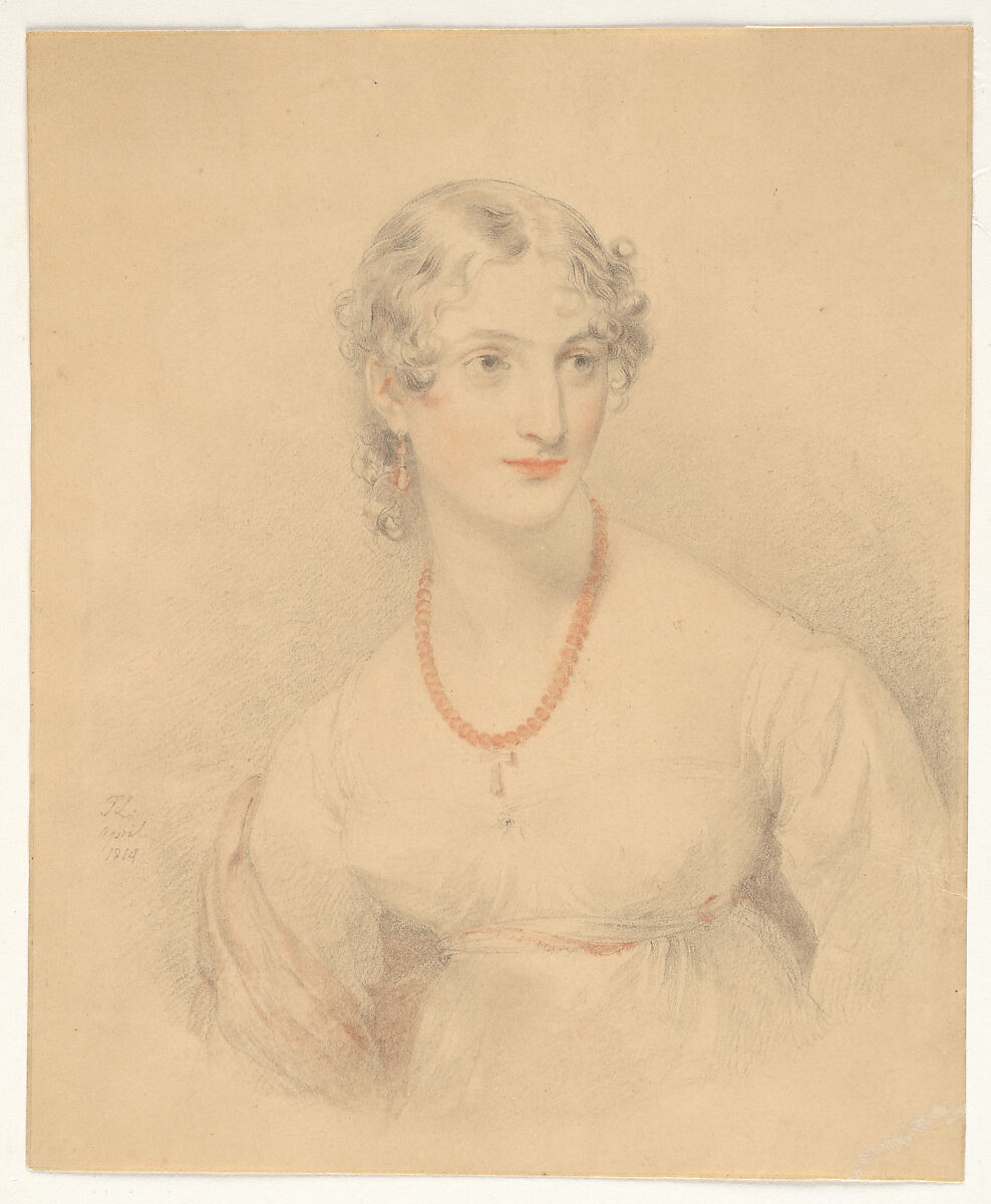 Portrait of a Young Lady with an Amber Necklace, Sir Thomas Lawrence (British, Bristol 1769–1830 London), Black chalk and red chalk, heightened with white on paper 