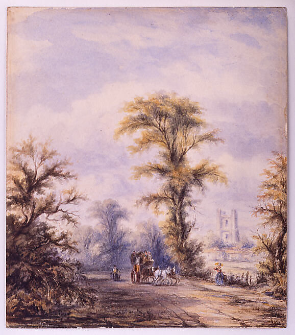 Landscape with a Stagecoach, British  , 19th century, Watercolor on some body paper over traces of graphite 