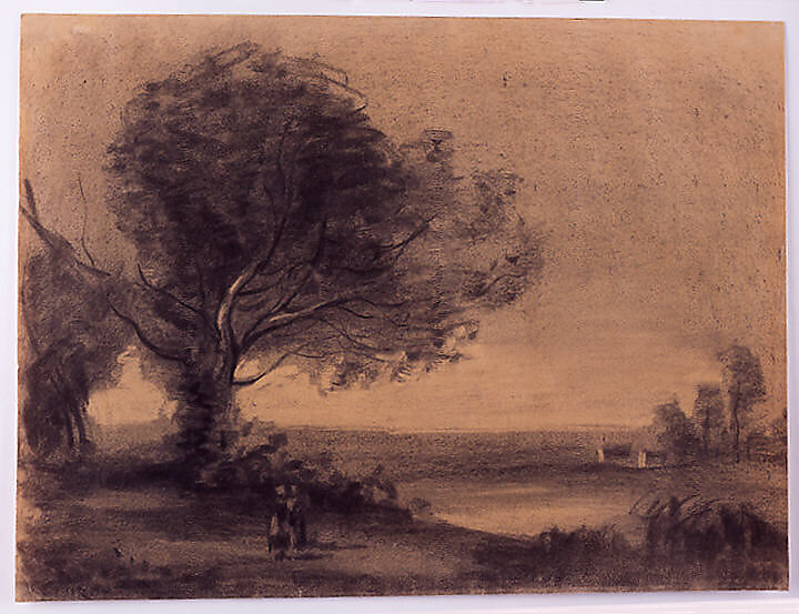 Landscape, In the manner of Camille Corot (French, Paris 1796–1875 Paris), Fixative over charcoal highlighted by erasures on tan wove paper 