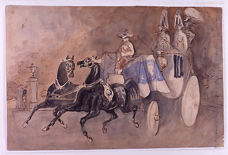 A Carriage in London, Constantin Guys (French, Flushing 1802–1892 Paris), Pen and brown ink with watercolor over graphite on heavy buff wove paper
