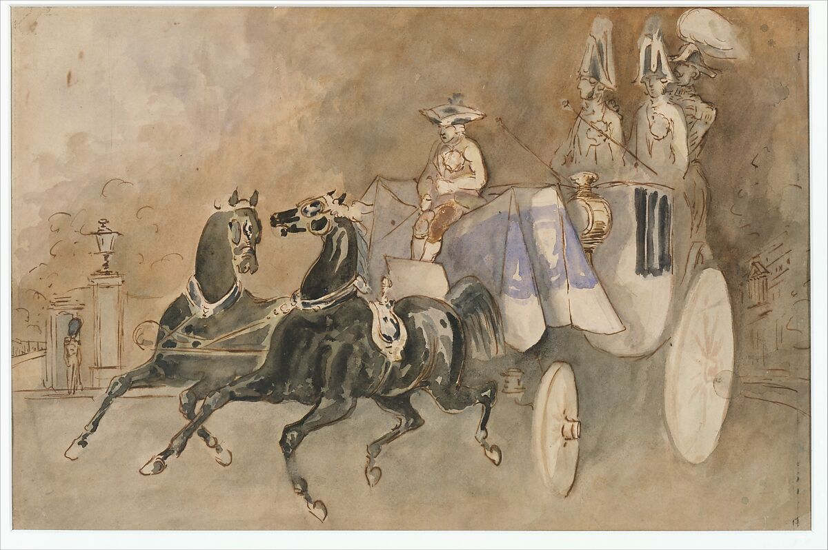 A Carriage in London, Constantin Guys (French, Flushing 1802–1892 Paris), Pen and brown ink with watercolor over graphite on heavy buff wove paper 