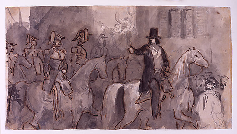 Louis-Napoleon Bonaparte on the Second of December, Constantin Guys (French, Flushing 1802–1892 Paris), Graphite, brown ink, and gray wash on off-white wove paper