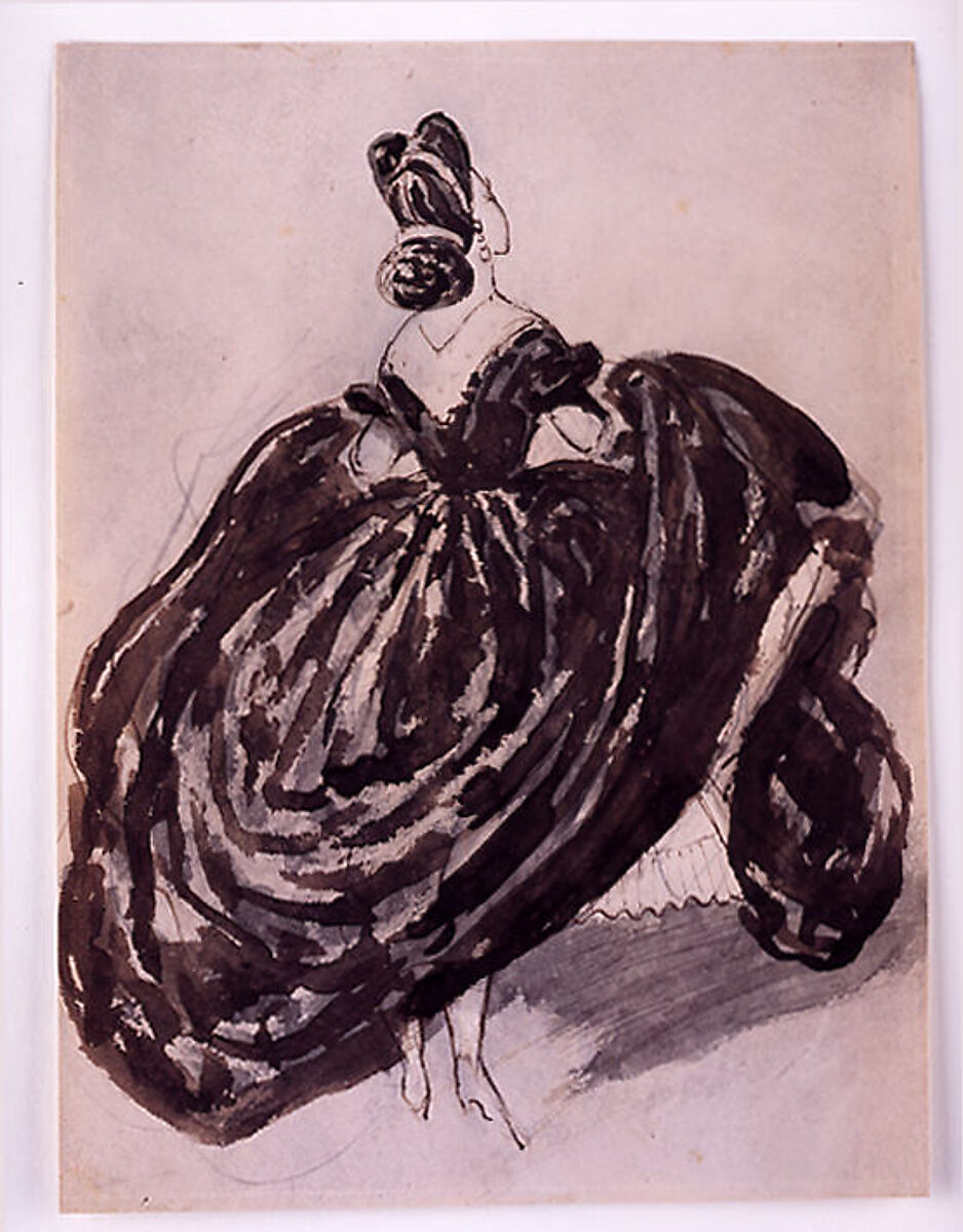 A Parisienne Seen from the Back, Constantin Guys (French, Flushing 1802–1892 Paris), graphite, brown ink, gray and brown wash on buff wove paper darkened through exposure to light