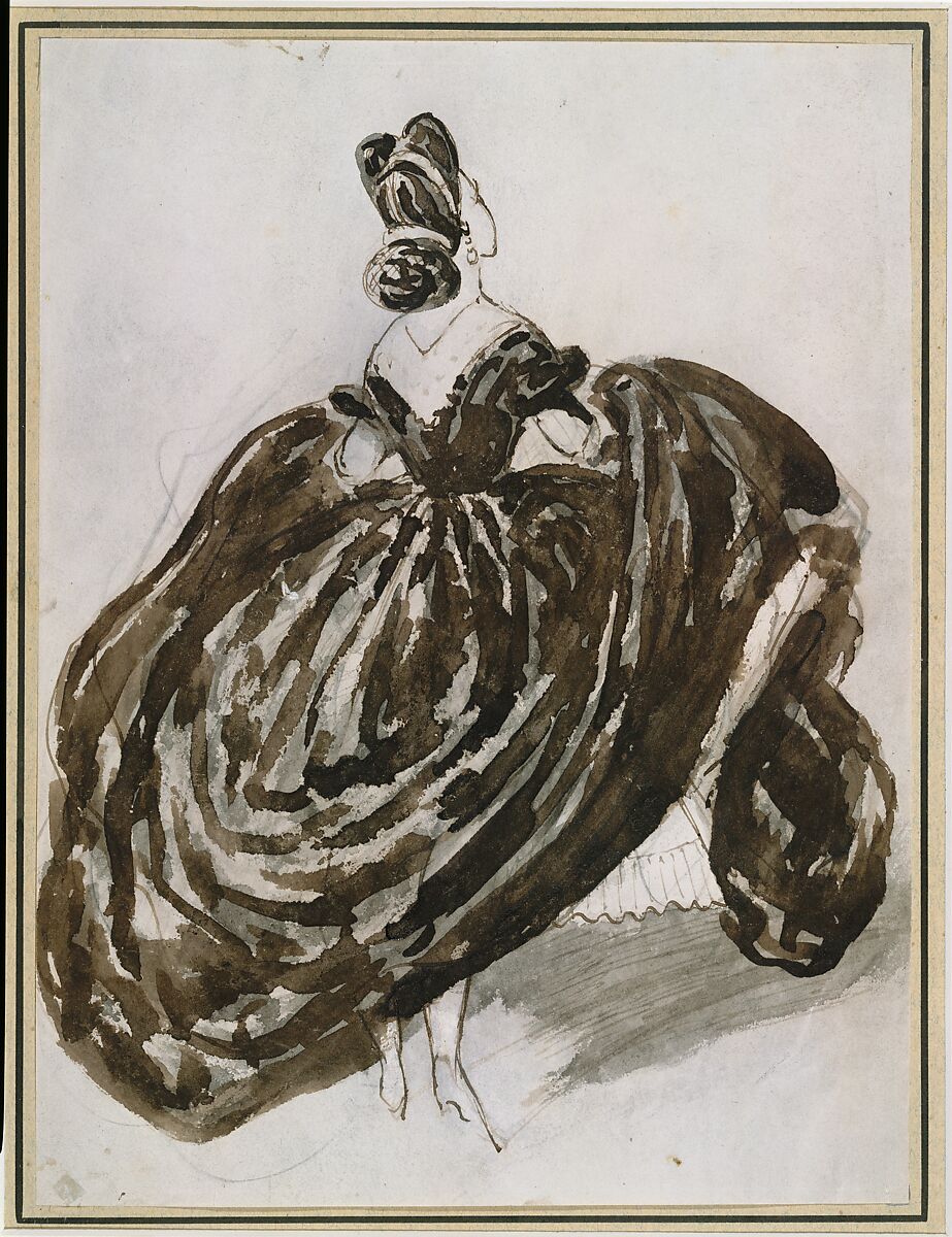 A Parisienne Seen from the Back, Constantin Guys (French, Flushing 1802–1892 Paris), graphite, brown ink, gray and brown wash on buff wove paper darkened through exposure to light 