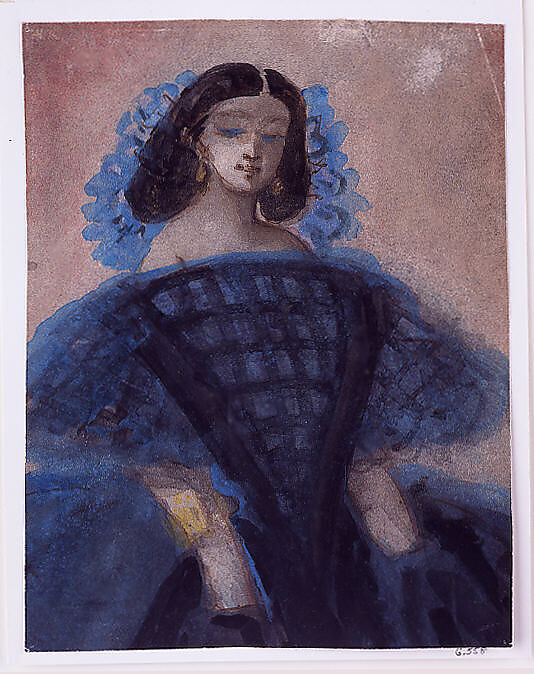 Young Woman in a Blue and Black Dress, Constantin Guys (French, Flushing 1802–1892 Paris), Pen and brown ink with watercolor wash on off-white wove paper