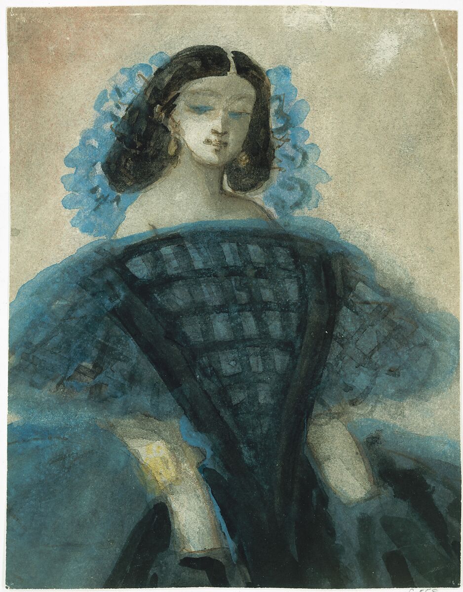 Young Woman in a Blue and Black Dress, Constantin Guys (French, Flushing 1802–1892 Paris), Pen and brown ink with watercolor wash on off-white wove paper 